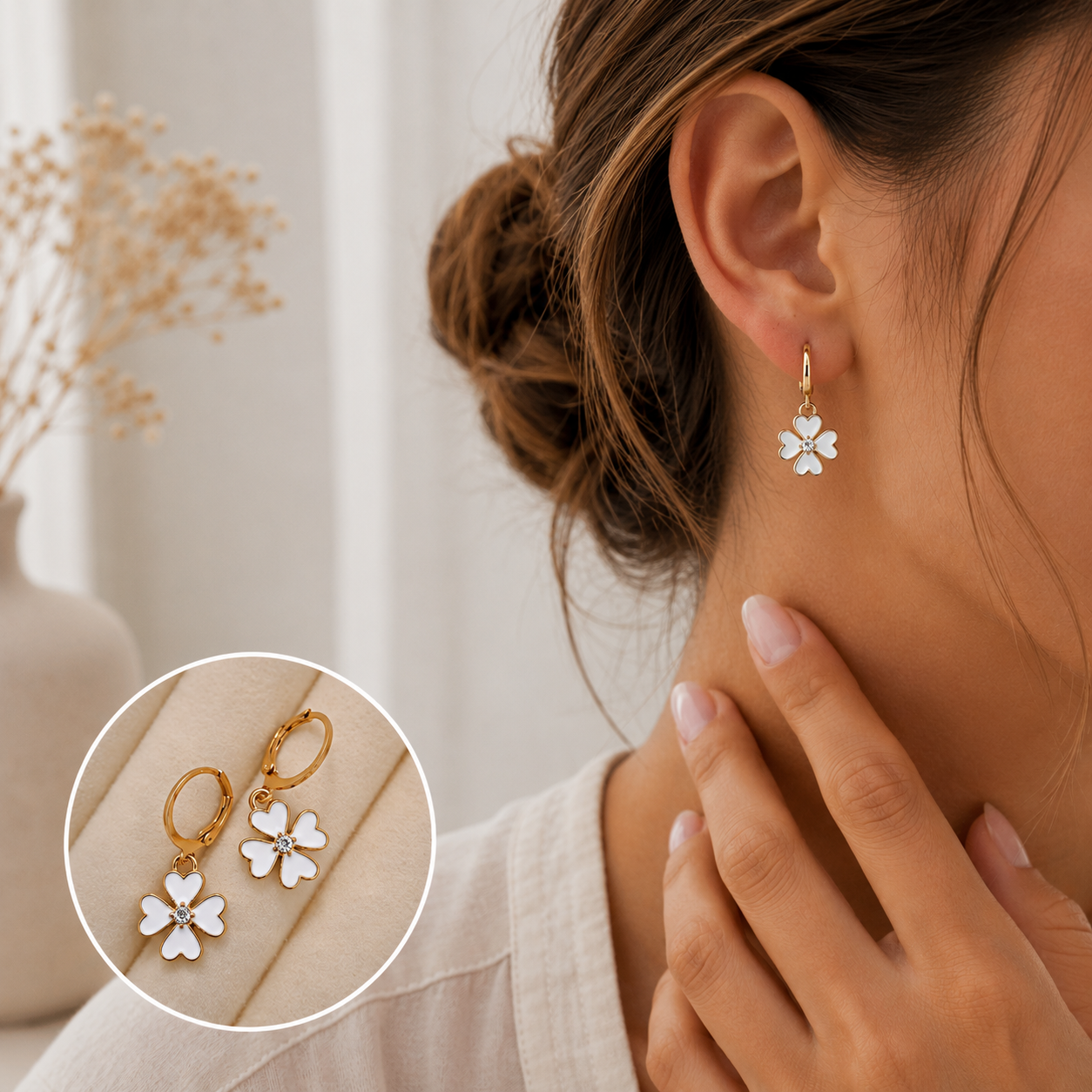 White Flower Huggie Earrings
