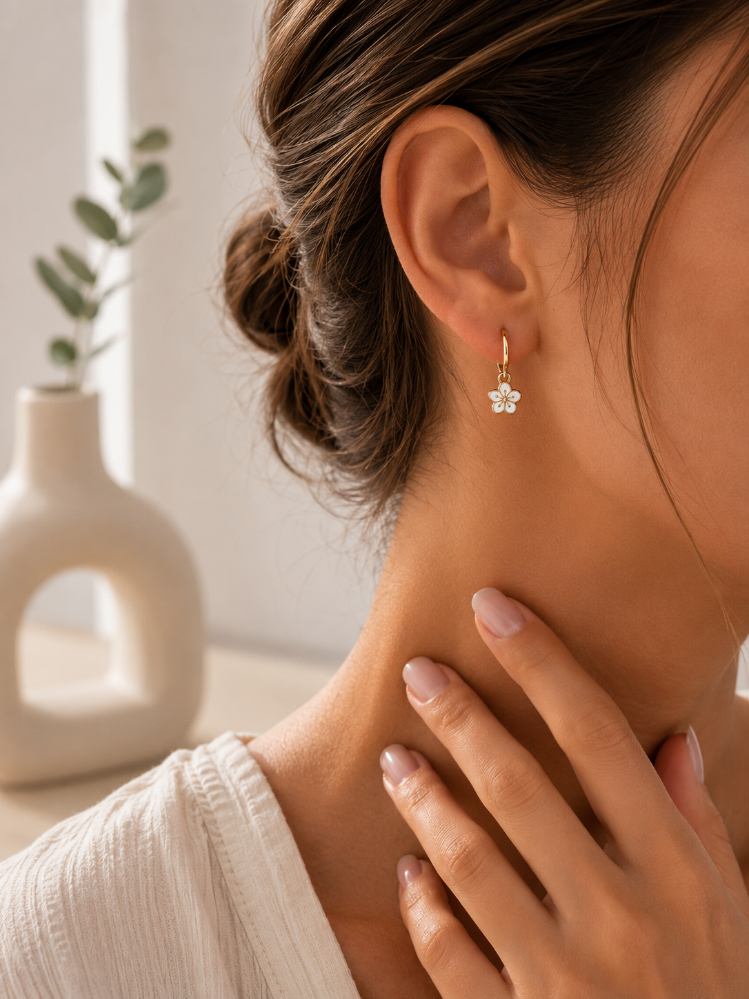 Mini White Flower Huggie Earrings