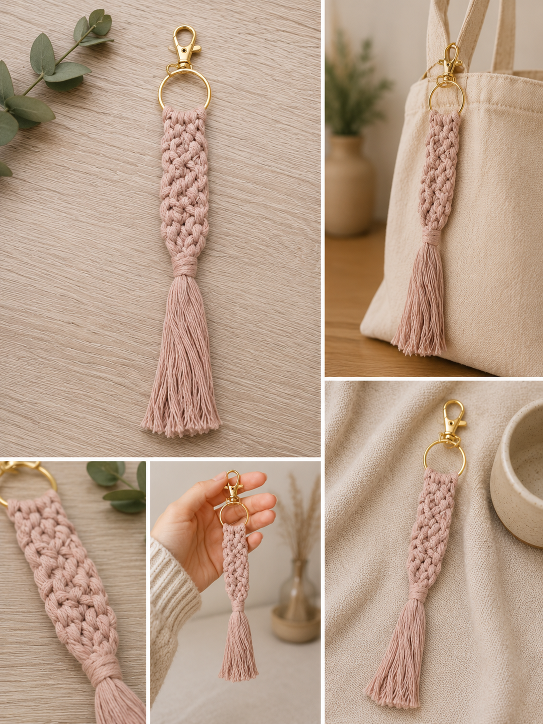 Boho Macramé Keyring / Keychain – Dusty Blush
