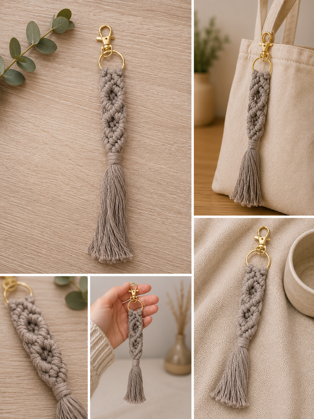 Boho Macramé Keyring / Keychain (Warm Taupe)